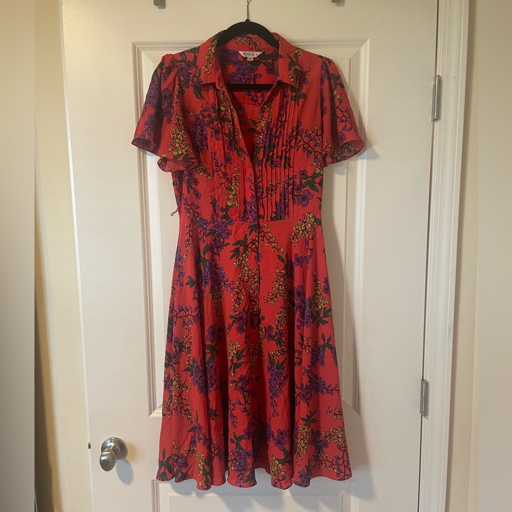 Nanette Lepore Bright Floral Midi Chiffon Short Sleeve Button Up Dress